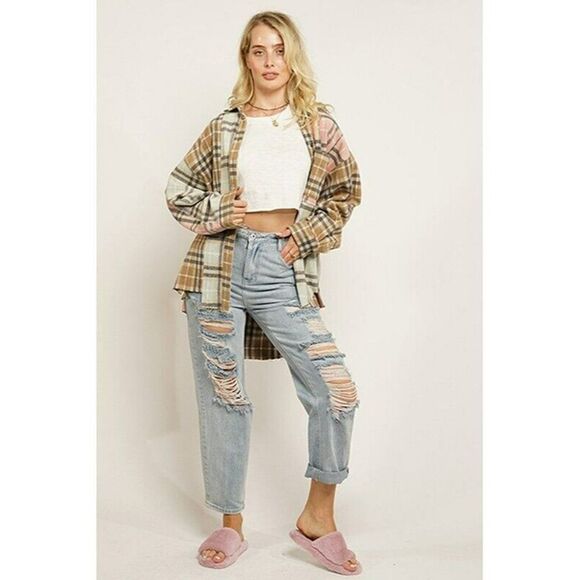 SALE! GeeGee Clothing Pink Plaid Button Up Shirt Jacket Shacket Plus SJ2260PL - Picture 6 of 7